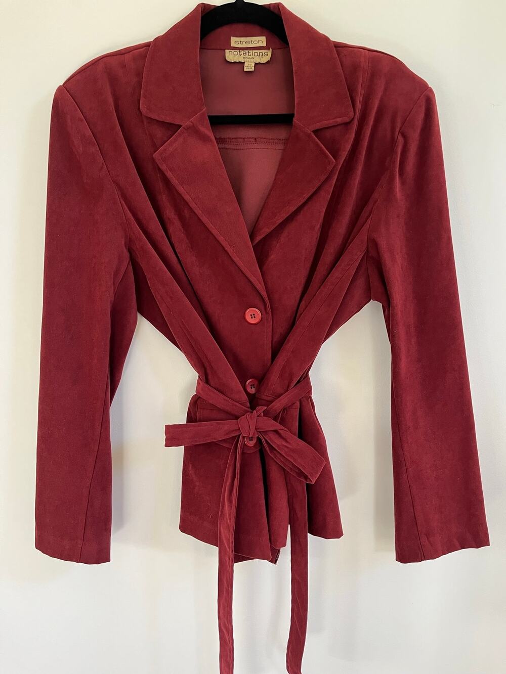 Vintage Notations Stretch Burgundy Faux Suede Blazer Jacket Belted Sz 2X